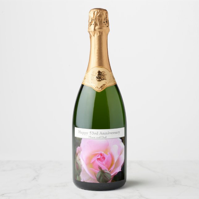 Étiquettes Pour Bouteilles De Vin Mousseux 53e anniversaire du Mariage Rose rose (Devant)