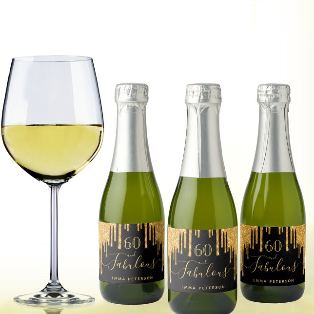 Étiquettes Pour Bouteilles De Vin Mousseux 60 anniversaire fabuleux parties scintillant noire (Créateur téléchargé)
