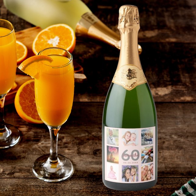 Étiquettes Pour Bouteilles De Vin Mousseux 60e anniversaire blush rose or photo collage (Créateur téléchargé)