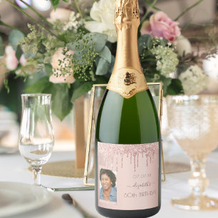 Étiquettes Pour Bouteilles De Vin Mousseux 60e anniversaire de fête photo rose or parties sci