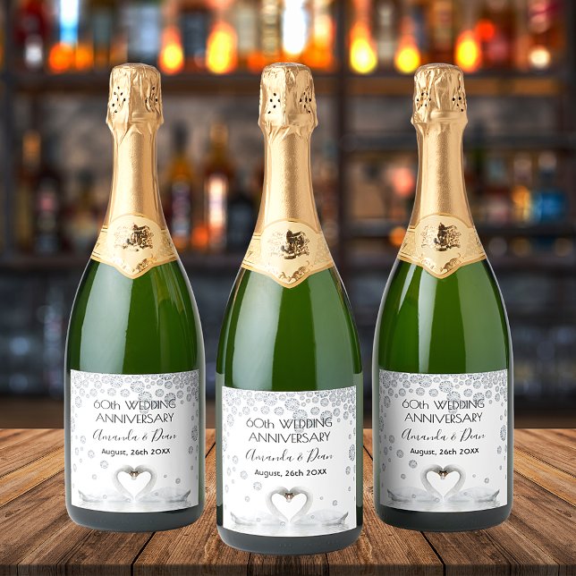 Étiquettes Pour Bouteilles De Vin Mousseux 60e anniversaire du diamant mariage cygnes blancs (Créateur téléchargé)