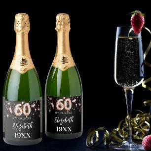 Étiquettes Pour Bouteilles De Vin Mousseux 60e anniversaire noir rose étoiles d'or