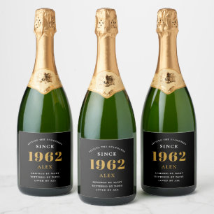 Étiquettes Pour Bouteilles De Vin Mousseux 60e anniversaire Nom 1962 Black Gold Elegant Chic