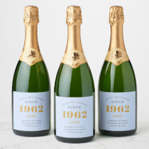 Étiquettes Pour Bouteilles De Vin Mousseux 60e anniversaire Nom 1962 Blue Grey Elegant Chic
