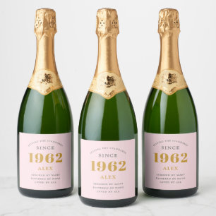 Étiquettes Pour Bouteilles De Vin Mousseux 60e anniversaire Nom 1962 Rose Grey Elegant Chic