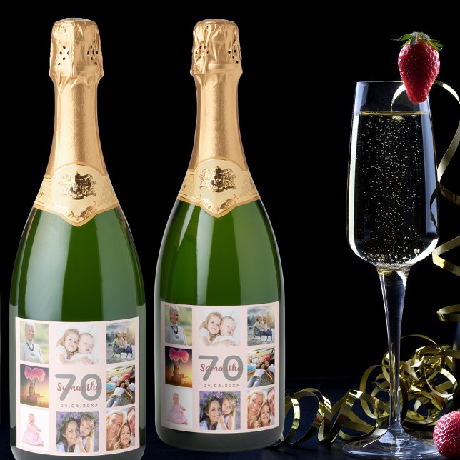 Étiquettes Pour Bouteilles De Vin Mousseux 70e anniversaire fête blush photo collage nom (Créateur téléchargé)