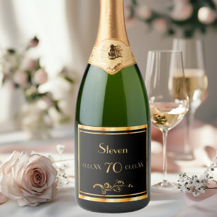 Étiquettes Pour Bouteilles De Vin Mousseux 70e anniversaire fête noir nom or classique