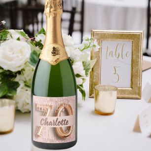 Étiquettes Pour Bouteilles De Vin Mousseux 70e anniversaire rose or parties scintillant monog