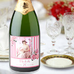 Étiquettes Pour Bouteilles De Vin Mousseux 70th birthday pink white stripes floral photo<br><div class="desc">A label for a 70th birthday party. Classic slim pink and white vertical stripes as background.  With girly and feminine flowers,  pink roses and peonies as decoration.  
A frame on front with template for age 70,  name and dates. Template for your own vertical photo.</div>