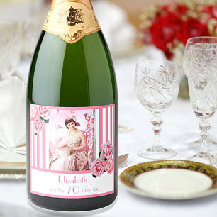Étiquettes Pour Bouteilles De Vin Mousseux 70th birthday pink white stripes floral photo