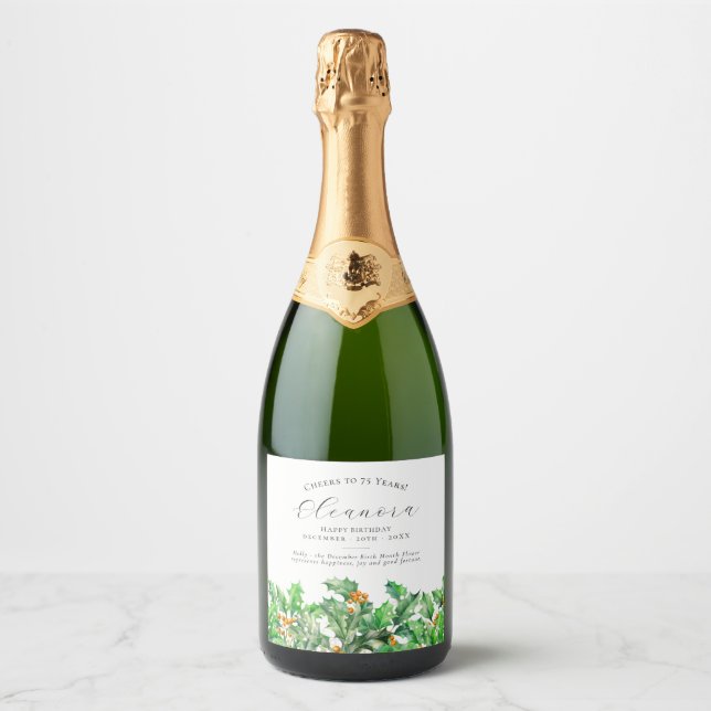 Étiquettes Pour Bouteilles De Vin Mousseux 75e anniversaire Fleur de naissance de décembre ho (Devant)