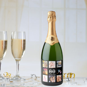 Étiquettes Pour Bouteilles De Vin Mousseux 80e anniversaire fête noir photo collage