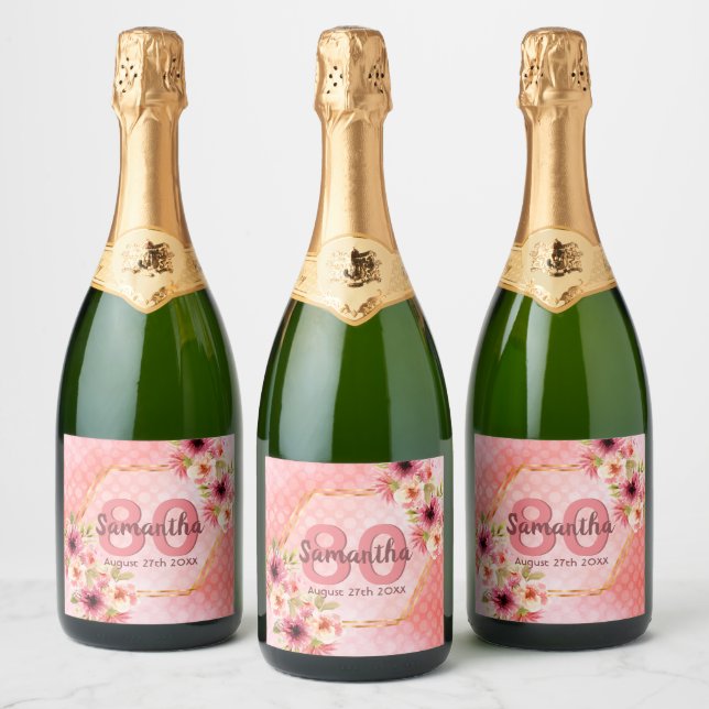 Étiquettes Pour Bouteilles De Vin Mousseux 80e anniversaire fête rose fleurons nom (Bouteilles)