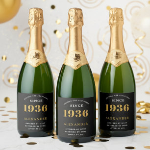 Étiquettes Pour Bouteilles De Vin Mousseux 90e Anniversaire Nom 1936 Élégant Chic Noir Or