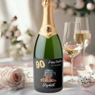 Étiquettes Pour Bouteilles De Vin Mousseux 90e anniversaire photo en or noir