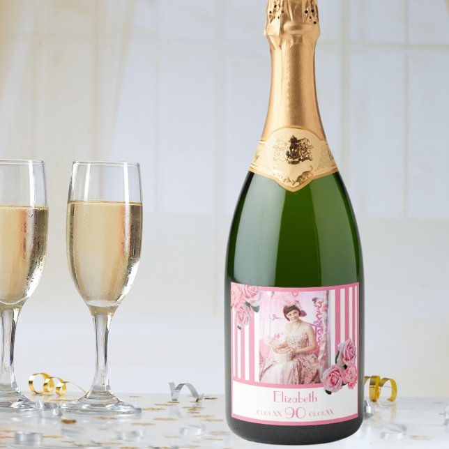 Étiquettes Pour Bouteilles De Vin Mousseux 90e anniversaire rose blanc rayures photo florale (Créateur téléchargé)