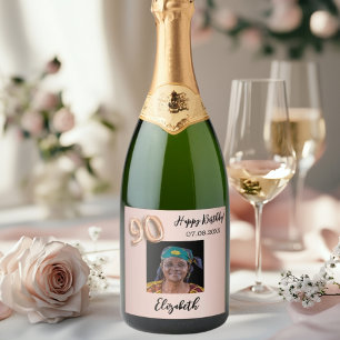 Étiquettes Pour Bouteilles De Vin Mousseux 90e anniversaire rose or rose photo