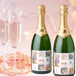 Étiquettes Pour Bouteilles De Vin Mousseux 90th birthday party photo collage<br><div class="desc">A bottle label for a 90th birthday party,  celebrating her life with a collage of 8 of your photos.  Templates for a name,  age 90 and a date.  Date of birth or the date of the party.  Coral and burgundy colored letters.  White background.</div>