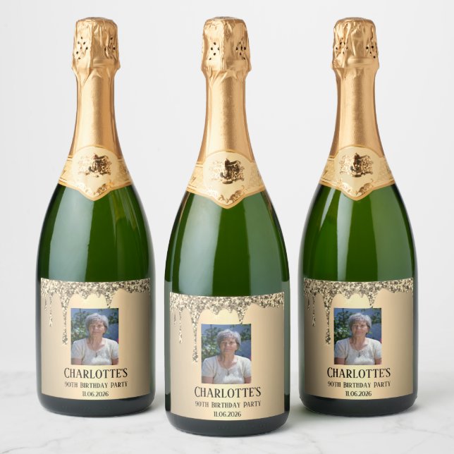 Étiquettes Pour Bouteilles De Vin Mousseux 90th Ninety Elegant Birthday Party Gold (Bouteilles)
