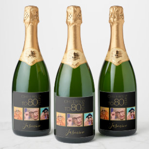 Étiquettes Pour Bouteilles De Vin Mousseux À 80 ans, félicitations 3 Photos Noir Or Élégant