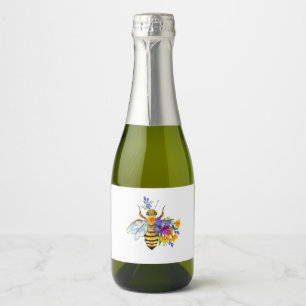 Étiquettes Pour Bouteilles De Vin Mousseux abeille à fleurs avec plantes sauvages