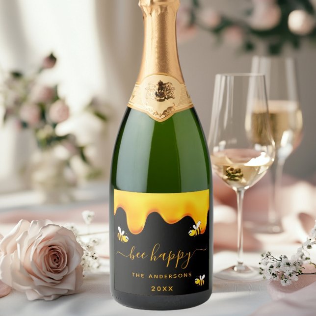 Étiquettes Pour Bouteilles De Vin Mousseux Abeilles noires joyeux bourdons miel doux (Créateur téléchargé)