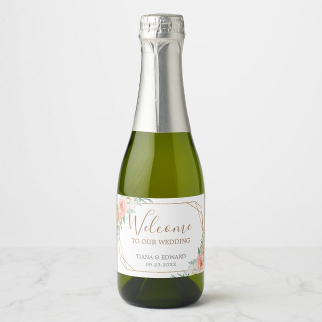 Étiquettes Pour Bouteilles De Vin Mousseux Accueil du Mariage des fleurs d'aquarelle géométri (Devant)