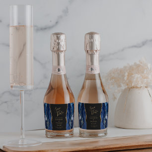 Étiquettes Pour Bouteilles De Vin Mousseux Agate Geode Bleu Nuit Or Foncé Save the Date