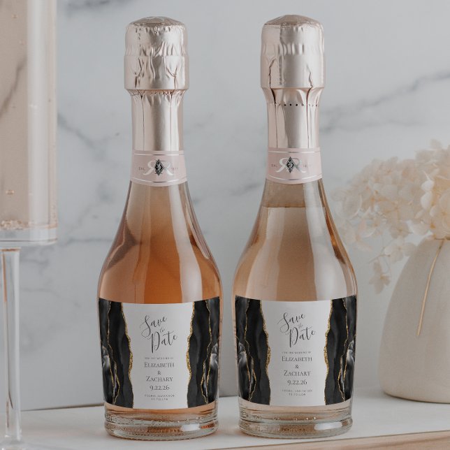 Étiquettes Pour Bouteilles De Vin Mousseux Agate Geode Noir Or Save the Date (Créateur téléchargé)
