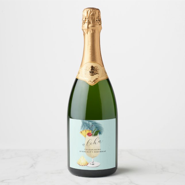 Étiquettes Pour Bouteilles De Vin Mousseux Aloha Pina Colada Green Cocktail fête d'anniversai (Devant)