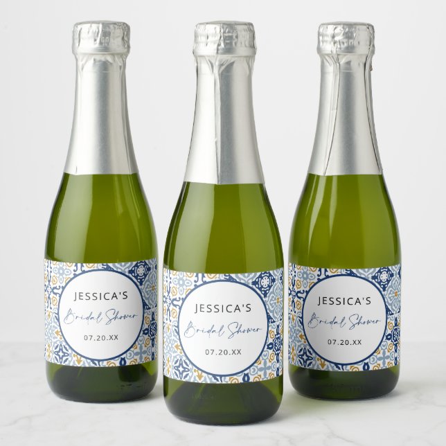 Étiquettes Pour Bouteilles De Vin Mousseux Amalfi Carreau Bleu Jaune Shower de Mariée   (Bouteilles)