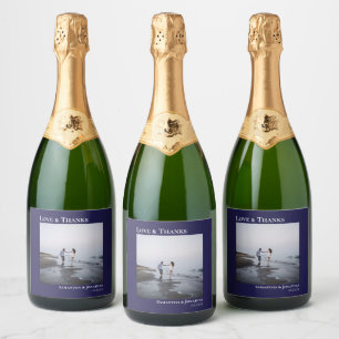 Étiquettes Pour Bouteilles De Vin Mousseux Amour & Merci Minimaliste Marine Blue Mariage Phot