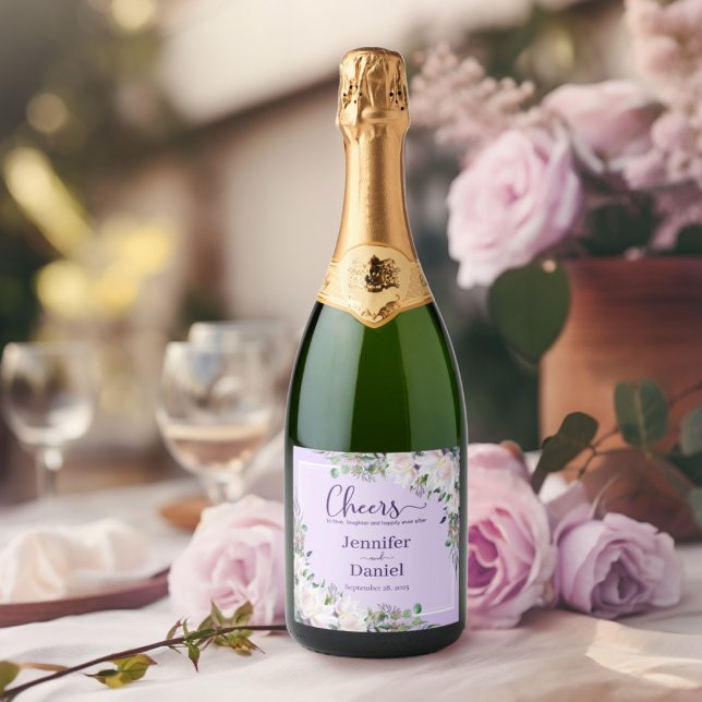 Étiquettes Pour Bouteilles De Vin Mousseux Amour rire Peony Orchidée Mariage rose toast (Cheers to Love, Laughter, and Happy Ever After Peony Orchid Pink Wedding Toast Sparkling Wine Label)