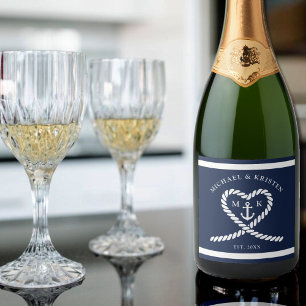 Étiquettes Pour Bouteilles De Vin Mousseux Ancre de coeur de cordes bleu marine Mariage de mo