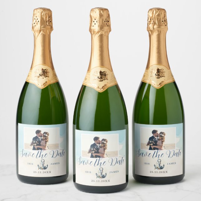 Étiquettes Pour Bouteilles De Vin Mousseux Ancre nautique Beach Wedding Enregistrer la date P (Bouteilles)