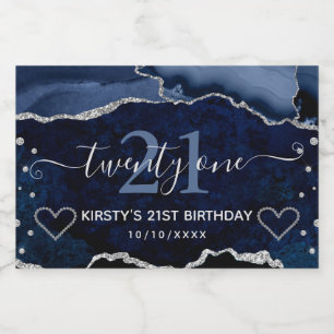Étiquettes Pour Bouteilles De Vin Mousseux Anniversaire 21 ans Bleu et Argent Pailleté Agate