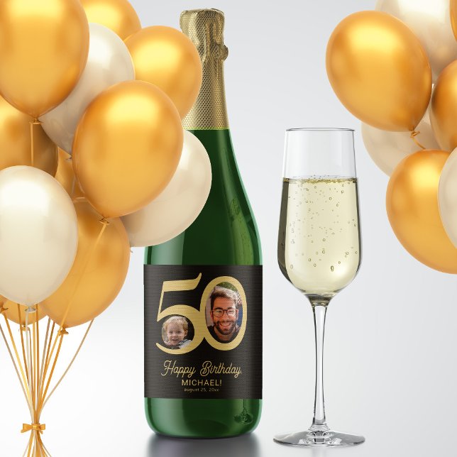 Étiquettes Pour Bouteilles De Vin Mousseux anniversaire 50 ans noir or moderne photo (Créateur téléchargé)