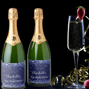 Étiquettes Pour Bouteilles De Vin Mousseux Anniversaire de la fête marine bleu confetti nom