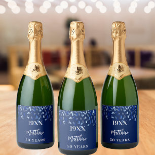 Étiquettes Pour Bouteilles De Vin Mousseux Anniversaire de la fête marine bleu confetti nom a