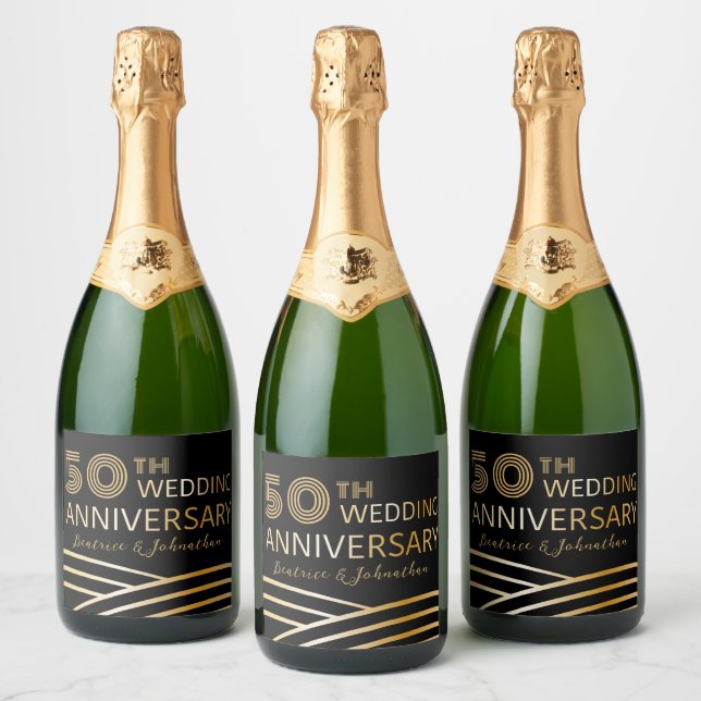 Étiquettes Pour Bouteilles De Vin Mousseux Anniversaire du 50e Mariage moderne Black & Gold (Bouteilles)