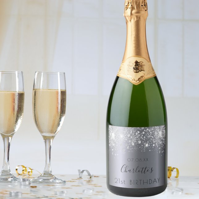 Étiquettes Pour Bouteilles De Vin Mousseux Anniversaire fête argent parties scintillant monog (Créateur téléchargé)