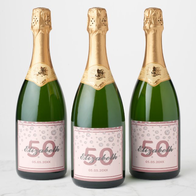 Étiquettes Pour Bouteilles De Vin Mousseux Anniversaire fête rose or rousse rose monogramme (Bouteilles)