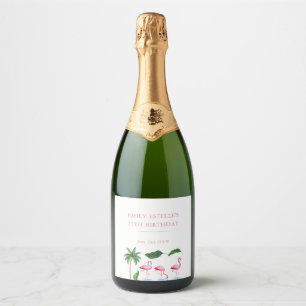 Étiquettes Pour Bouteilles De Vin Mousseux Anniversaire floral rose et vert