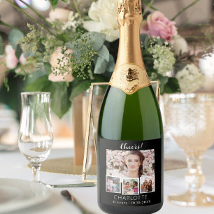 Étiquettes Pour Bouteilles De Vin Mousseux Anniversaire noir blanc photo collage applaudissem