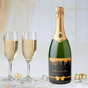 Étiquettes Pour Bouteilles De Vin Mousseux Anniversaire noir or parties scintillant goutte no