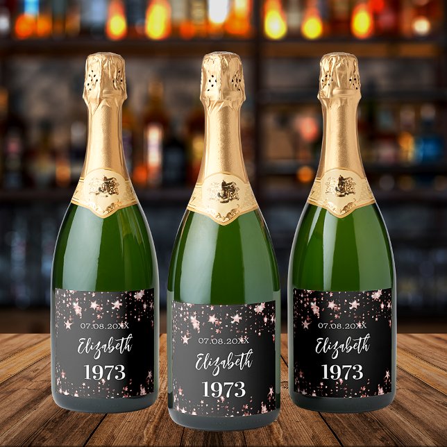Étiquettes Pour Bouteilles De Vin Mousseux Anniversaire noir rose étoiles or (Créateur téléchargé)