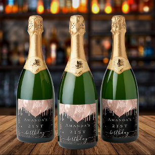 Étiquettes Pour Bouteilles De Vin Mousseux Anniversaire noir rose or parties scintillant ball