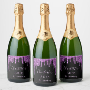 Étiquettes Pour Bouteilles De Vin Mousseux Anniversaire noir violet parties scintillant goutt