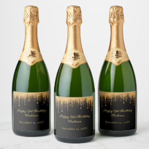 Étiquettes Pour Bouteilles De Vin Mousseux Anniversaire Personnalisé Noir Or Paillettes qui C