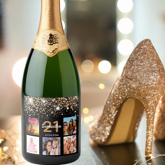 Étiquettes Pour Bouteilles De Vin Mousseux Anniversaire photo collage noir or parties scintil (Créateur téléchargé)
